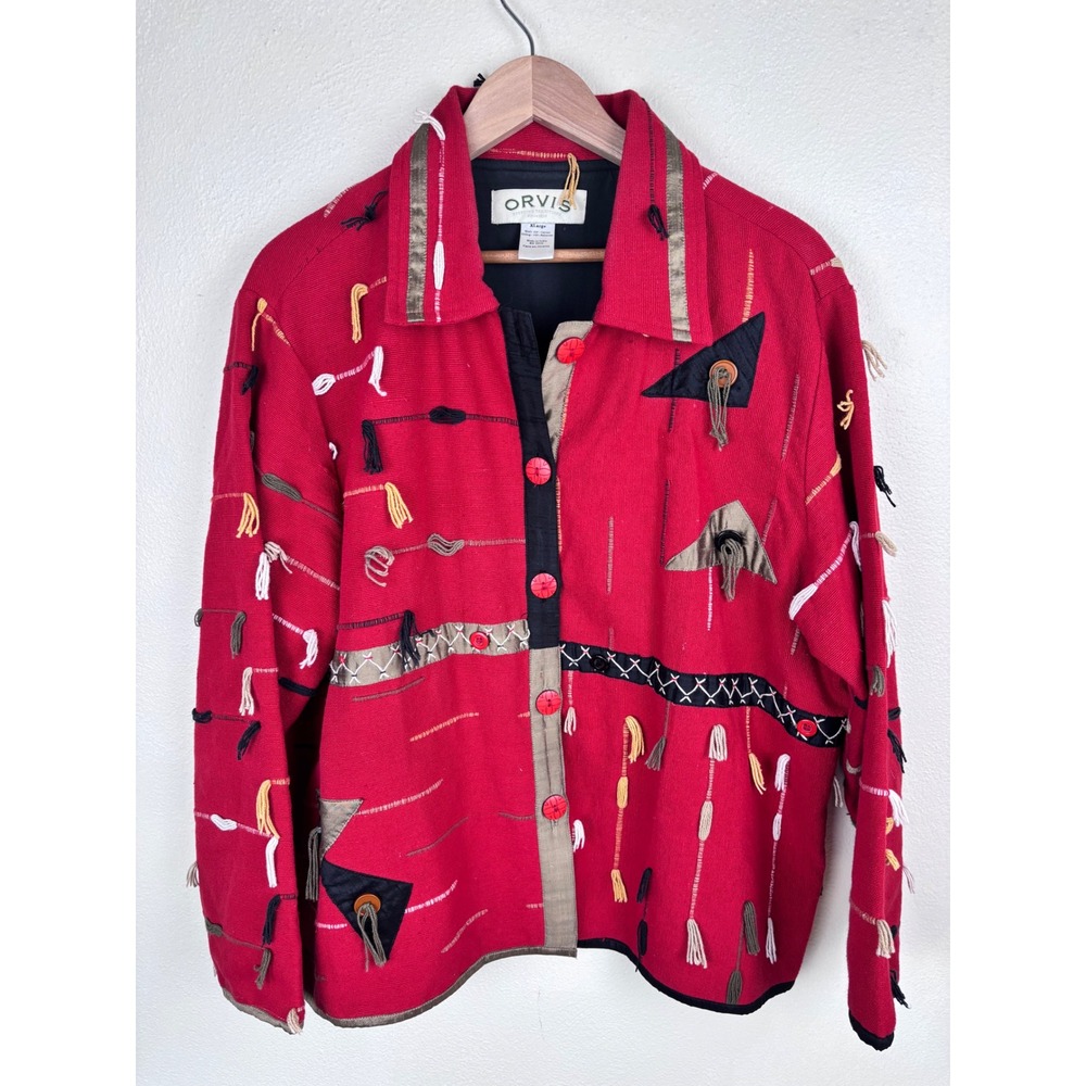Vintage Orvis XL Red Embroidered Art Jacket Cotton Boho Southwest Artisan Tribal